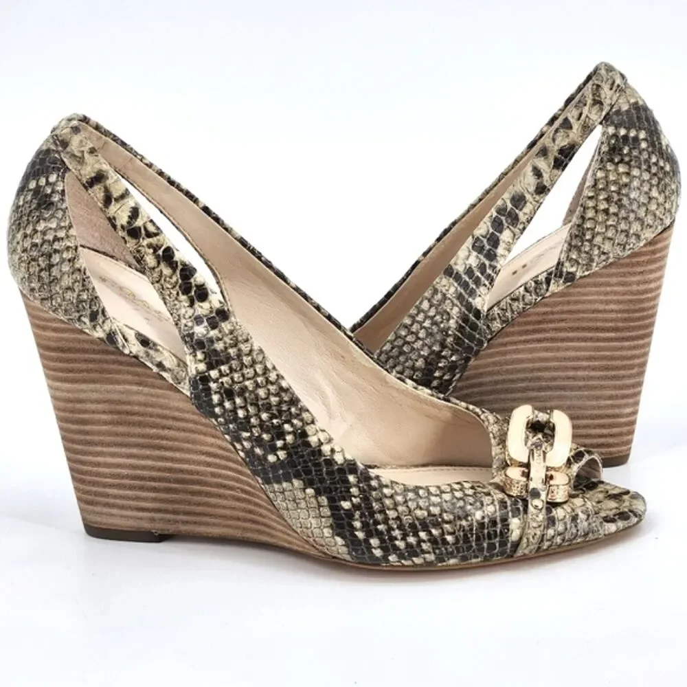 Coach Larchmont Natural Print Snake Wedge Women's Size 8 Leather Peep Toe Shoes